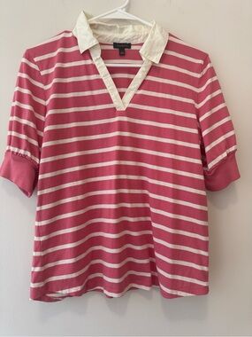 Talbots Pink White Striped Polo V Neck Golf Academia Preppy Resort Beach Sz S